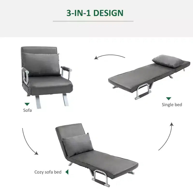 Canapé-Lit Pliant Convertible 5 Positions pour une Personne Fauteuil Chaise Longue avec Oreiller et Cadre en Acier