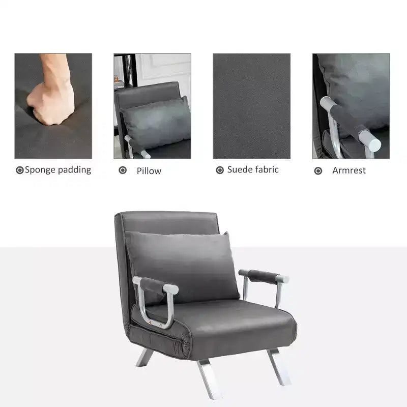 Canapé-Lit Pliant Convertible 5 Positions pour une Personne Fauteuil Chaise Longue avec Oreiller et Cadre en Acier