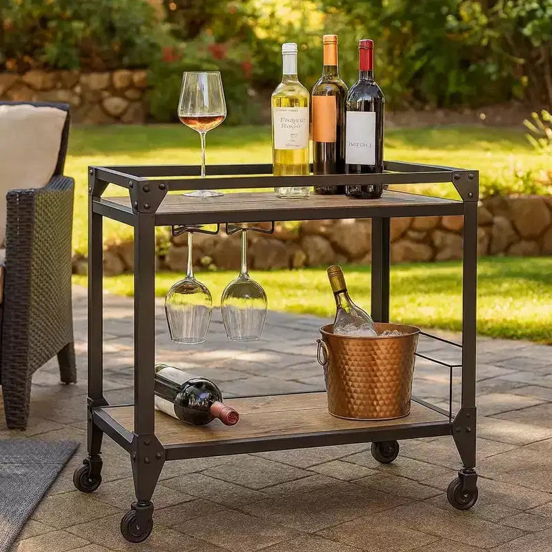 Royal Hampton Metal Framed Serving Cart with Wooden Shelves with Wine Bottle Holder, Brown and Gray