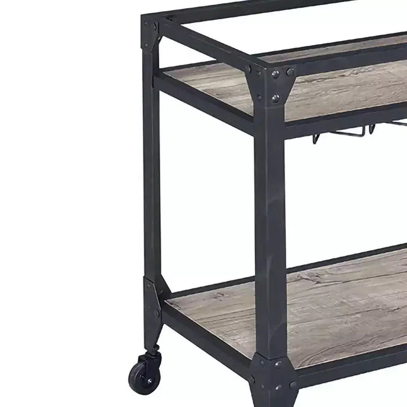 Chariot de service Royal Hampton avec structure métallique et étagères en bois, avec porte-bouteilles, marron et gris