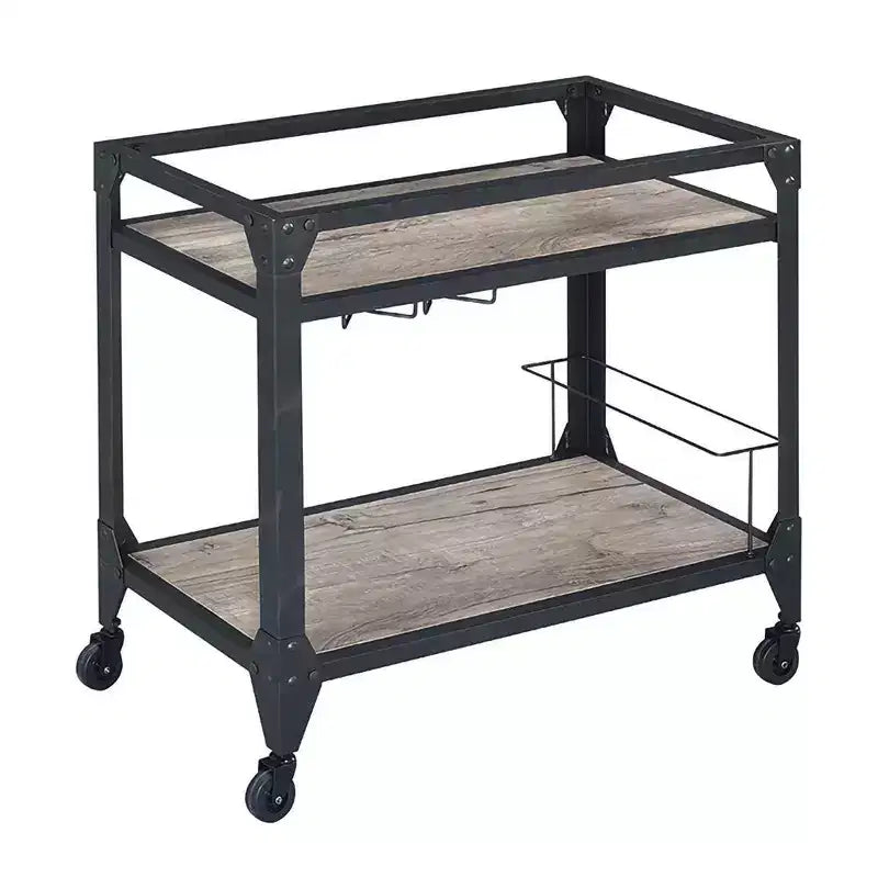 Chariot de service Royal Hampton avec structure métallique et étagères en bois, avec porte-bouteilles, marron et gris