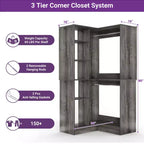 Besiost Organisateur de placard d'angle autoportant avec étagères tour, système de rangement peu encombrant avec tringles à vêtements
