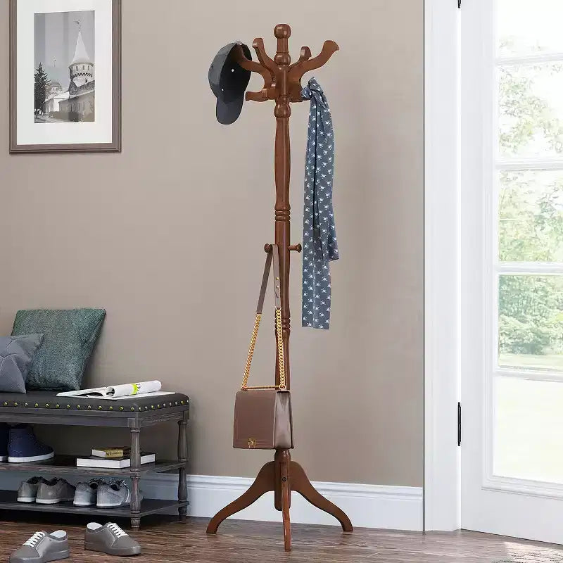 Solid Wood Coat Stand, Freestanding Hall Tree with 11 Hooks & Triple Leg Base, 121 lb Capacity for Entryway Hallway