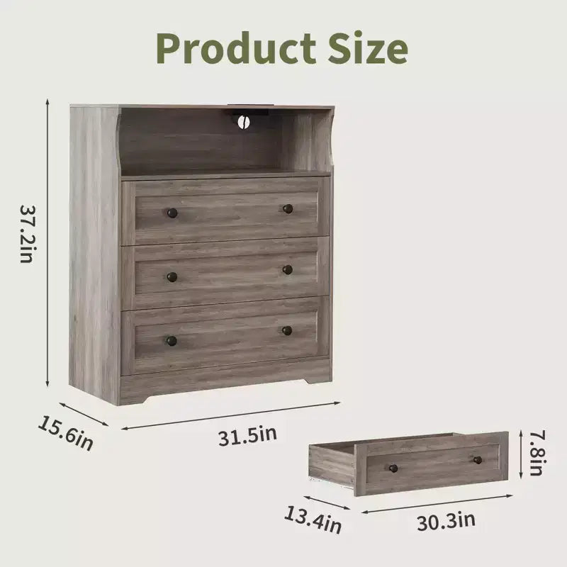 Commode 3 tiroirs avec station de charge, commode en bois moderne pour chambre à coucher, organisateur de rangement compact pour placard, salon et couloir
