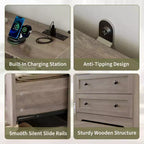 Commode 3 tiroirs avec station de charge, commode en bois moderne pour chambre à coucher, organisateur de rangement compact pour placard, salon et couloir