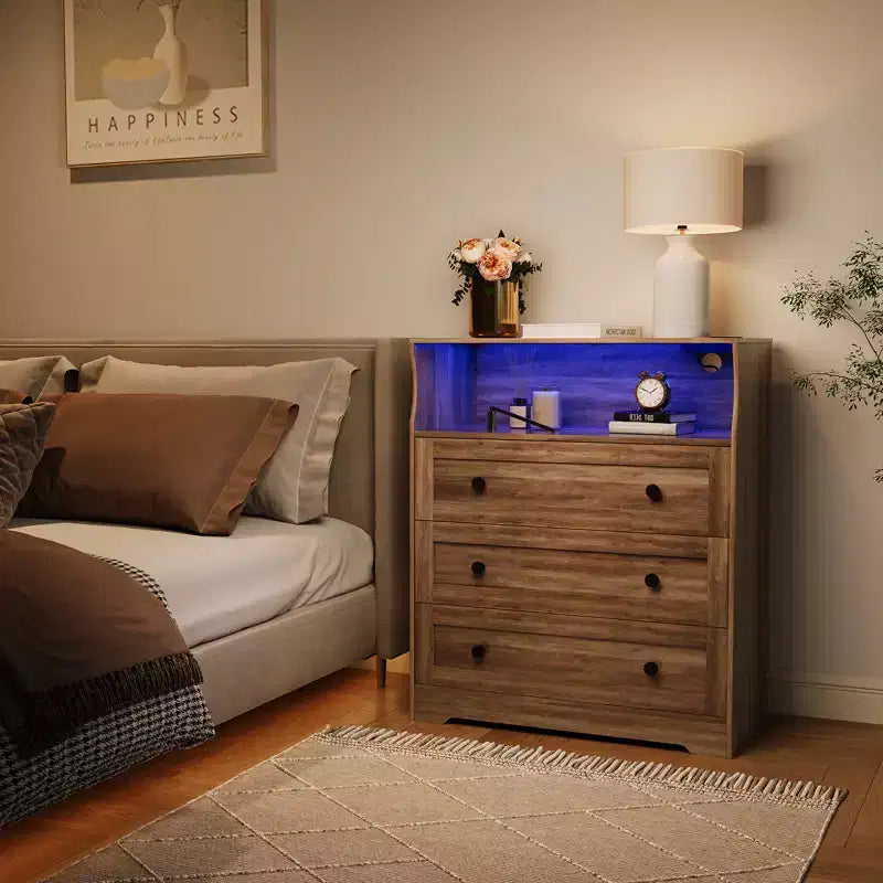Commode 3 tiroirs avec station de charge, commode en bois moderne pour chambre à coucher, organisateur de rangement compact pour placard, salon et couloir