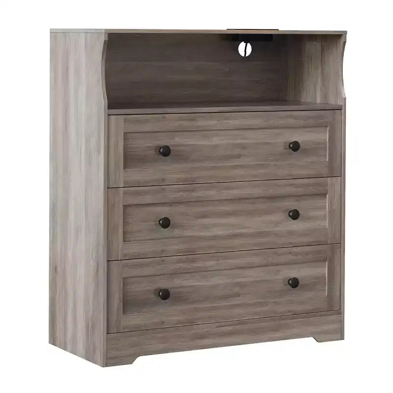Commode 3 tiroirs avec station de charge, commode en bois moderne pour chambre à coucher, organisateur de rangement compact pour placard, salon et couloir