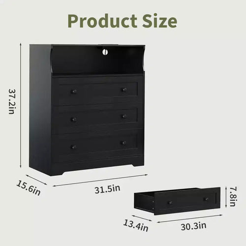 Commode 3 tiroirs avec station de charge, commode en bois moderne pour chambre à coucher, organisateur de rangement compact pour placard, salon et couloir