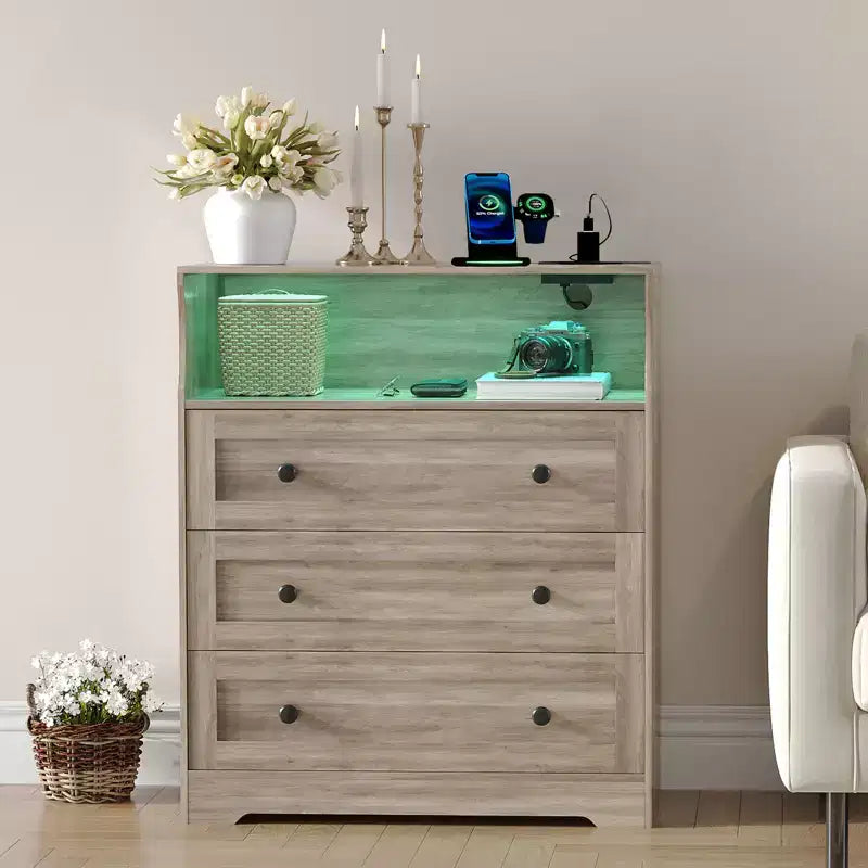 Commode 3 tiroirs avec station de charge, commode en bois moderne pour chambre à coucher, organisateur de rangement compact pour placard, salon et couloir