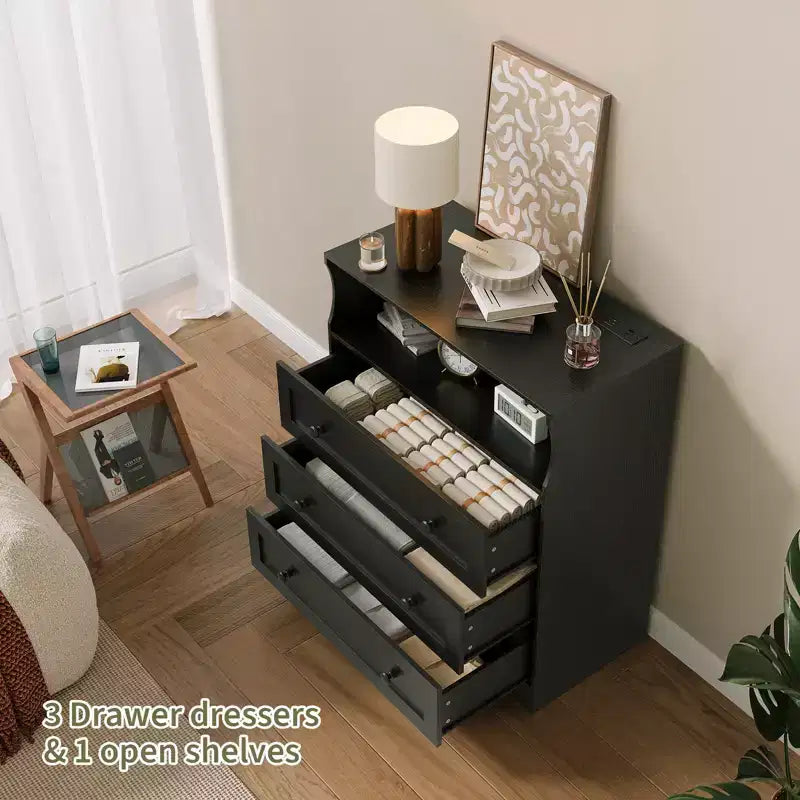 Commode 3 tiroirs avec station de charge, commode en bois moderne pour chambre à coucher, organisateur de rangement compact pour placard, salon et couloir