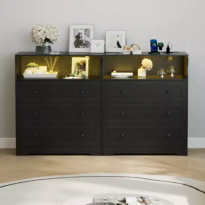 Commode 3 tiroirs avec station de charge, commode en bois moderne pour chambre à coucher, organisateur de rangement compact pour placard, salon et couloir