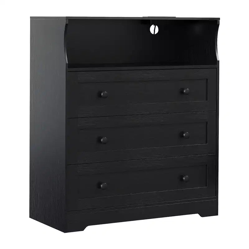 Commode 3 tiroirs avec station de charge, commode en bois moderne pour chambre à coucher, organisateur de rangement compact pour placard, salon et couloir