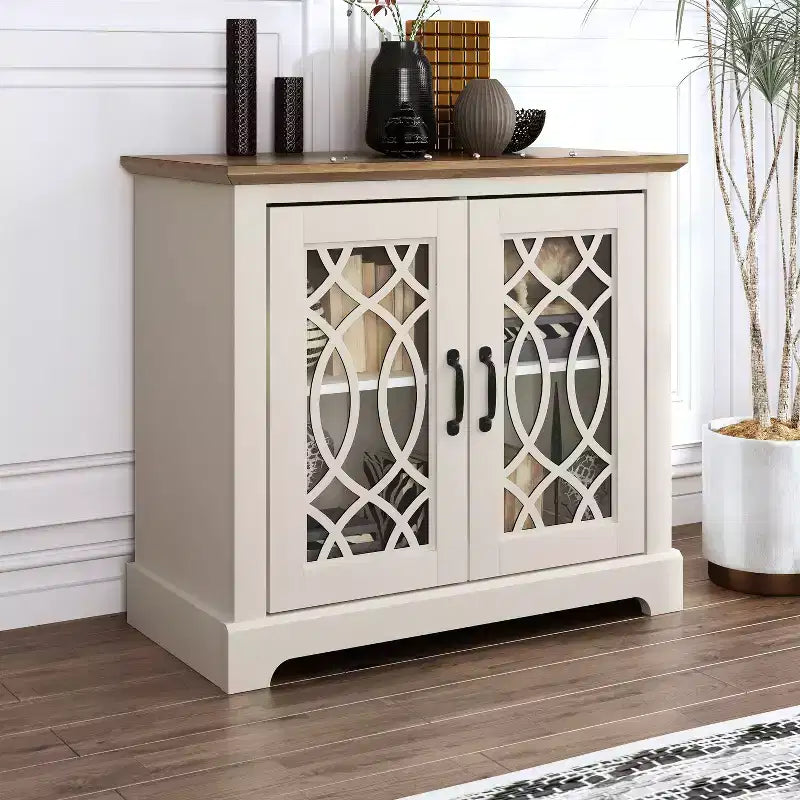 Galano 2-Door Accent Cabinet with Acrylic Panels in Ivory & Knotty Oak 32.4 W x 15.7 D x 29.3 H