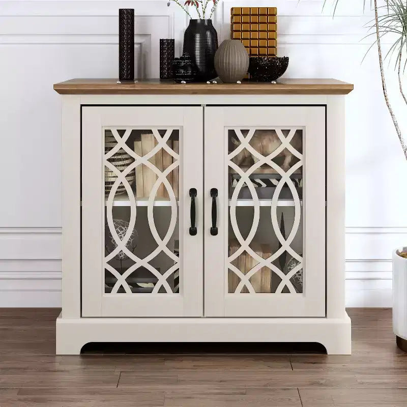Meuble d'appoint 2 portes Galano avec panneaux en acrylique, couleur ivoire et chêne noueux, 32,4 po larg. x 15,7 po prof. x 29,3 po haut.