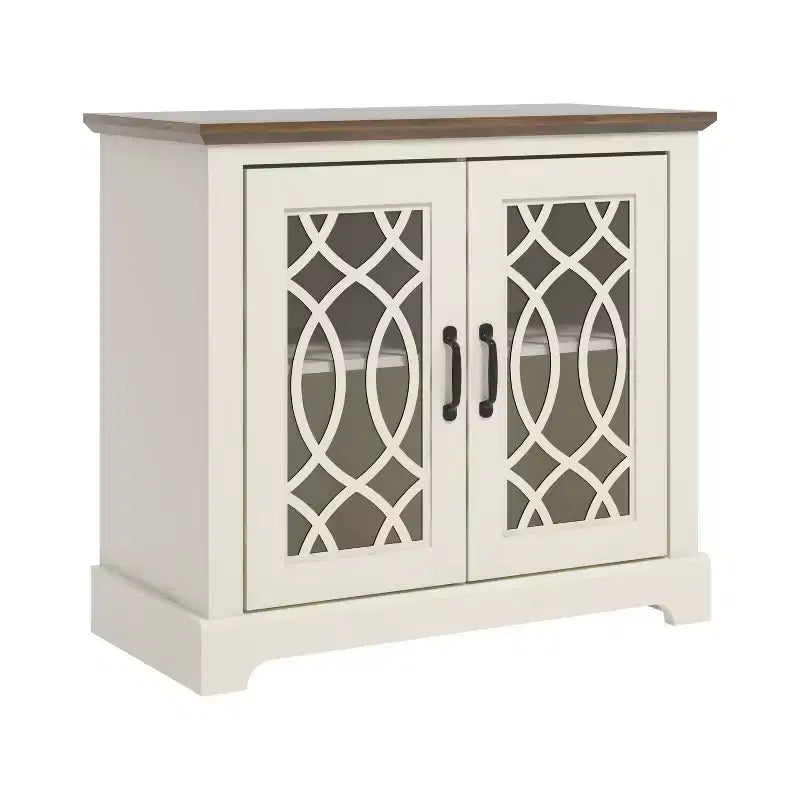 Meuble d'appoint 2 portes Galano avec panneaux en acrylique, couleur ivoire et chêne noueux, 32,4 po larg. x 15,7 po prof. x 29,3 po haut.