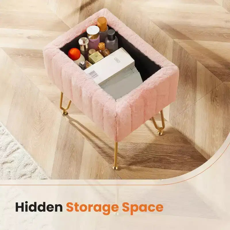 TUYOHW 16 Pouf de rangement, tabourets de coiffeuse en fausse fourrure avec 4 pieds métalliques et pieds réglables antidérapants, pouf pour salon, entrée