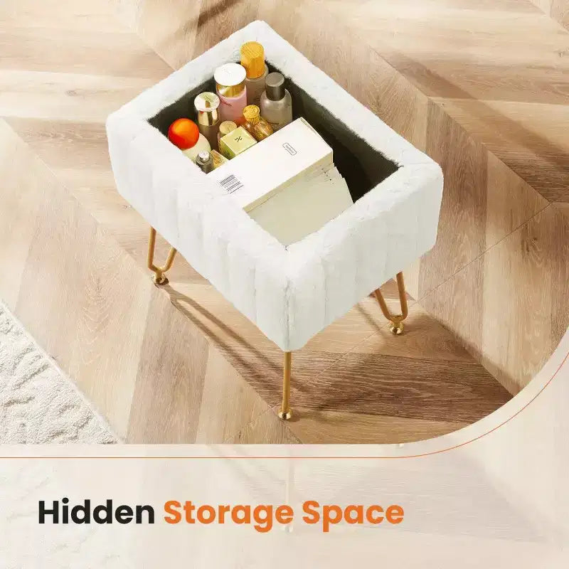 TUYOHW 16 Pouf de rangement, tabourets de coiffeuse en fausse fourrure avec 4 pieds métalliques et pieds réglables antidérapants, pouf pour salon, entrée