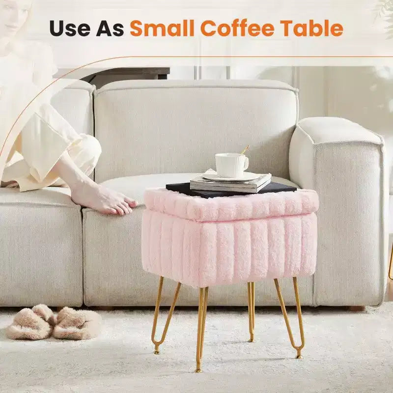 TUYOHW 16 Pouf de rangement, tabourets de coiffeuse en fausse fourrure avec 4 pieds métalliques et pieds réglables antidérapants, pouf pour salon, entrée