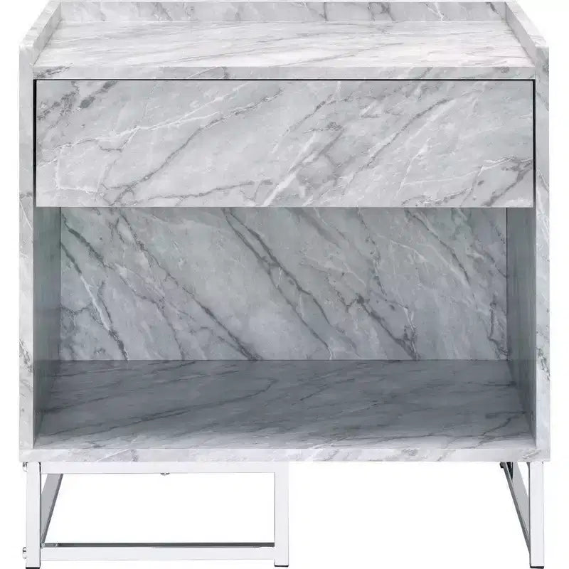 Table d'appoint Royal Hampton en faux marbre avec finition chromée, blanc