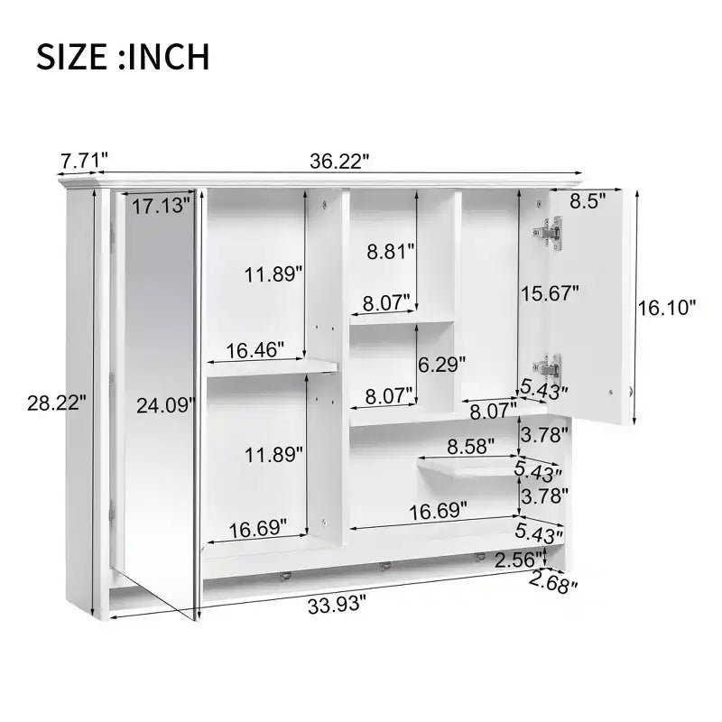 MAYEERTY Armoire à pharmacie murale de 36 pouces, meuble de rangement pour salle de bain avec porte miroir et étagère réglable, blanc