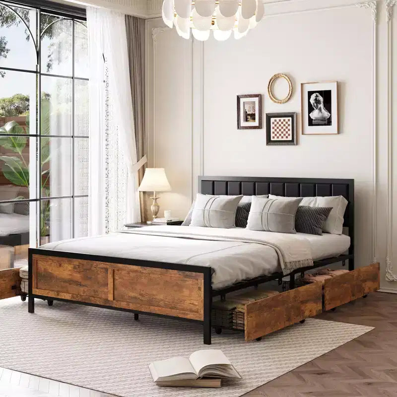 Cadre de lit Dyonery Queen Size avec 4 tiroirs de rangement et tête de lit, cadre de lit rustique en métal avec grand espace de rangement, pas besoin de sommier tapissier, sans bruit