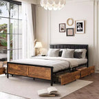 Cadre de lit Dyonery Queen Size avec 4 tiroirs de rangement et tête de lit, cadre de lit rustique en métal avec grand espace de rangement, pas besoin de sommier tapissier, sans bruit