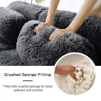 Canapé d'angle en tissu peluche kaki clair de 80,3 pouces avec coussins et 2 poufs, éponge haute densité 32D