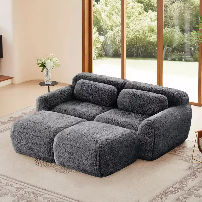 Canapé d'angle en tissu peluche kaki clair de 80,3 pouces avec coussins et 2 poufs, éponge haute densité 32D