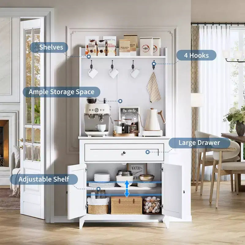 Meuble micro-ondes de 160 cm avec tiroirs, buffet de cuisine avec prise électrique et étagères réglables pour articles de garde-manger et petits appareils électroménagers