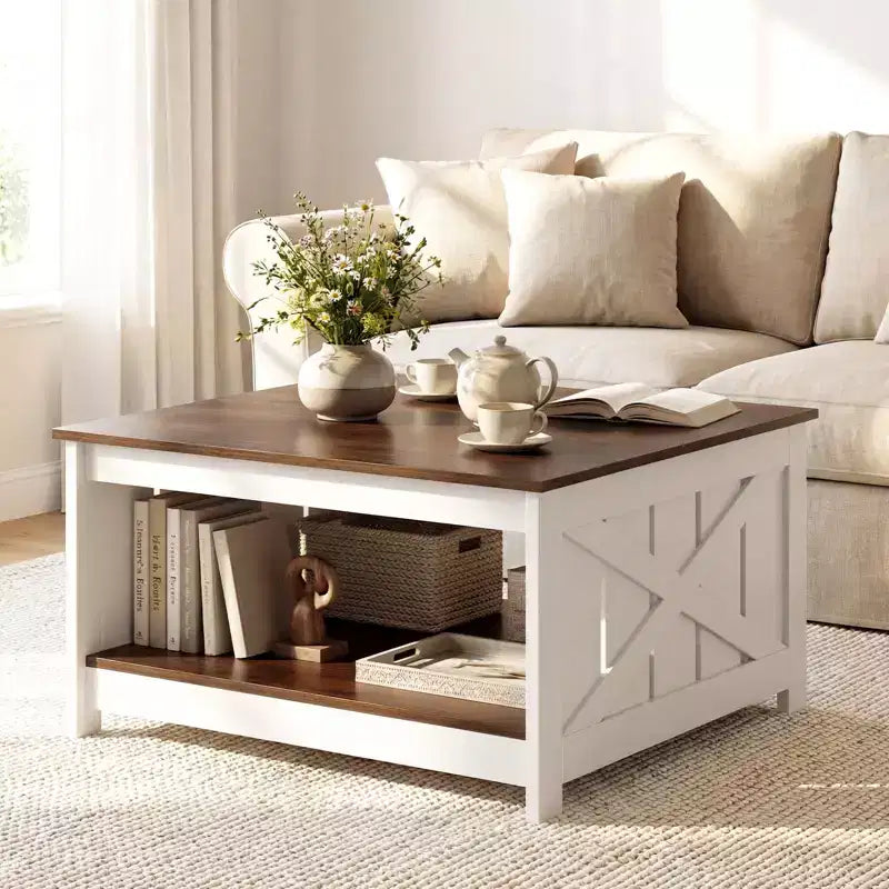 Table Basse Carrée en Bois Costway 31" avec Étagère de Rangement et Compartiment Ouvert pour Salon