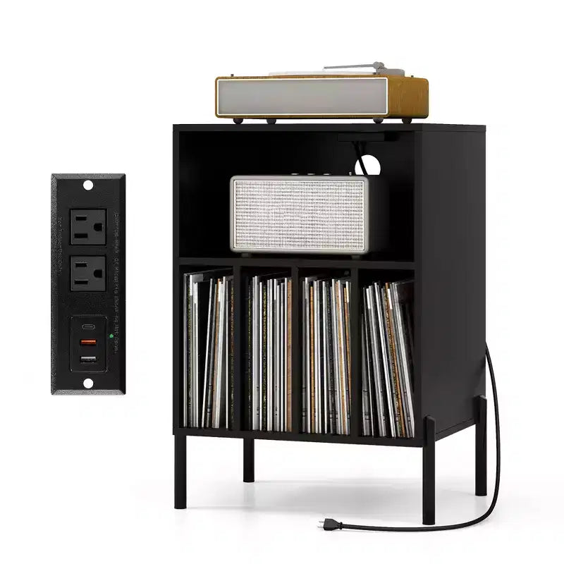 Costway Record Player Stand w/ Charging Station 5 Storage Compartments Anti-toppling Kits
