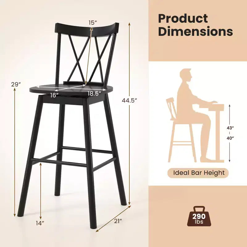 Costway Lot de 2 tabourets de bar Windsor 73,7 cm pivotants en bois d'hévéa chaises de salle à manger assise spacieuse Noir