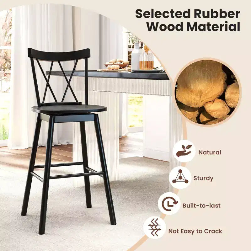 Costway Lot de 2 tabourets de bar Windsor 73,7 cm pivotants en bois d'hévéa chaises de salle à manger assise spacieuse Noir
