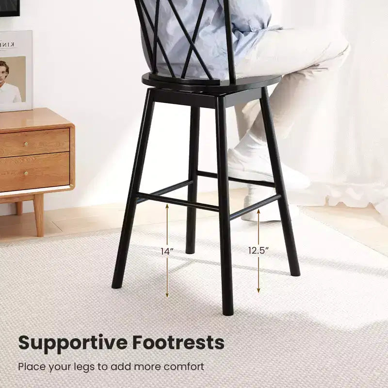 Costway Lot de 2 tabourets de bar Windsor 73,7 cm pivotants en bois d'hévéa chaises de salle à manger assise spacieuse Noir