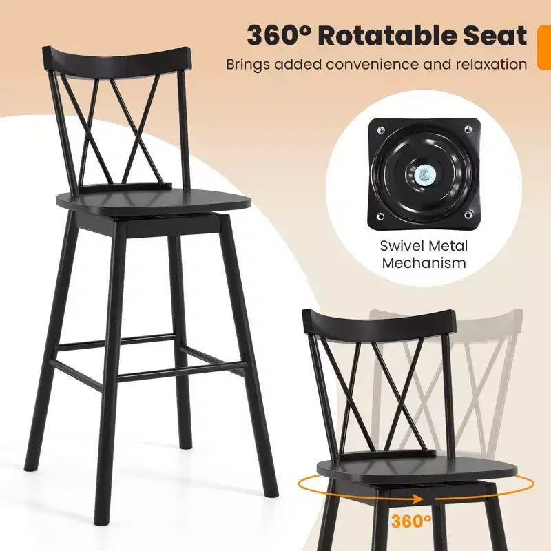 Costway Lot de 2 tabourets de bar Windsor 73,7 cm pivotants en bois d'hévéa chaises de salle à manger assise spacieuse Noir