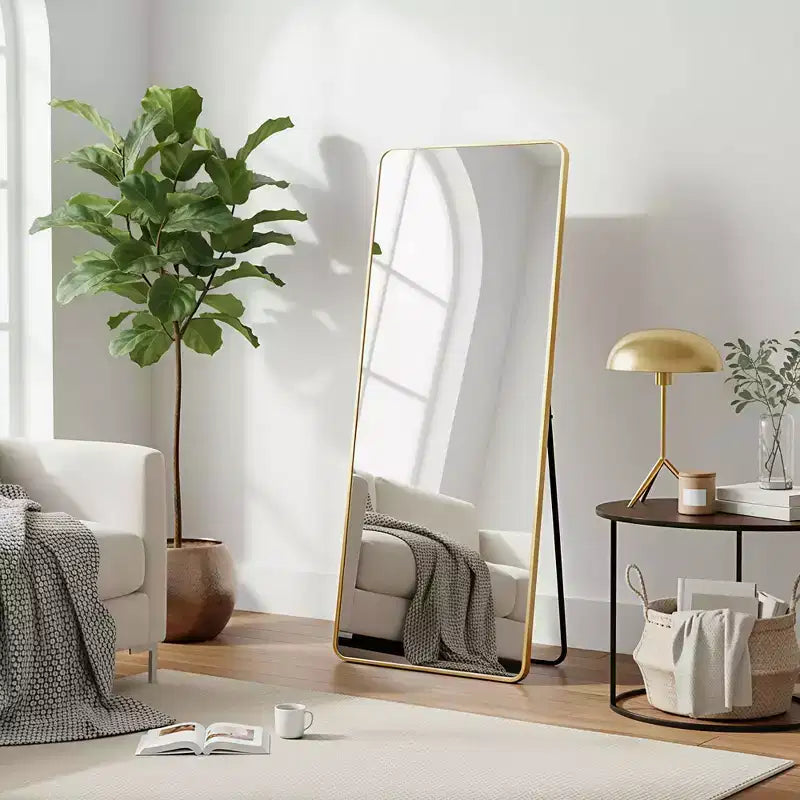 MAYEERTY Aluminum Full-Length Mirror 64x21in, Gold, Rounded Corner, Tempered Glass, With Stand