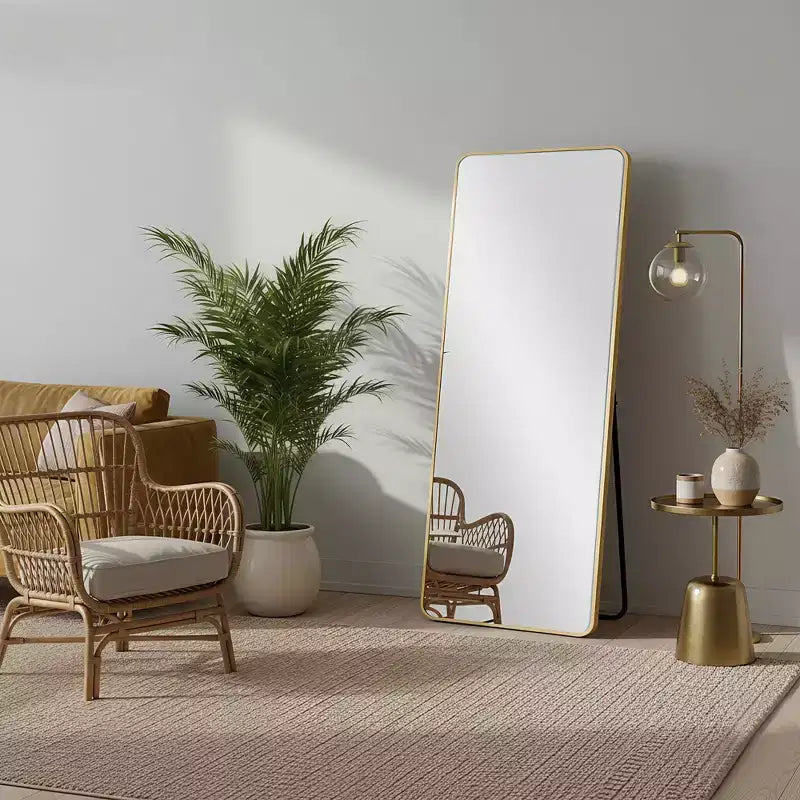 Miroir sur pied en aluminium MAYEERTY 64x21in, Doré, Coins arrondis, Verre trempé, Avec support