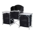Camping Kitchen Table, Aluminum Portable Outdoor Cooking Table, Fold-Up Cook Station with Windscreen and 3 Enclosed Cupboards for BBQ, Party, Picnics