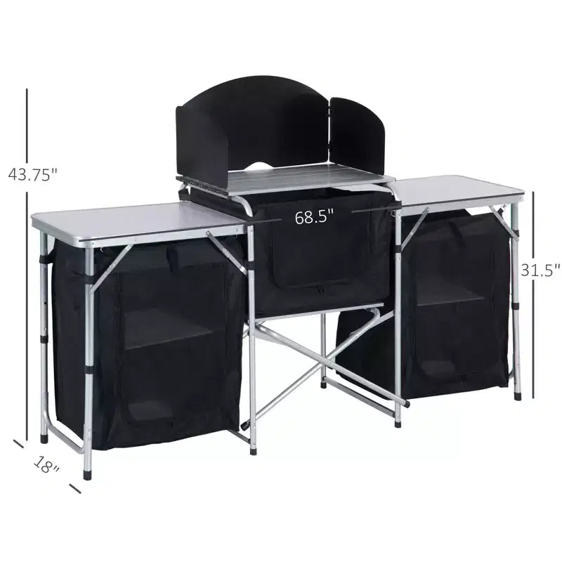 Table de cuisine de camping, table de cuisson extérieure portable en aluminium, station de cuisson pliable avec pare-vent et 3 placards fermés pour barbecue, fête, pique-niques