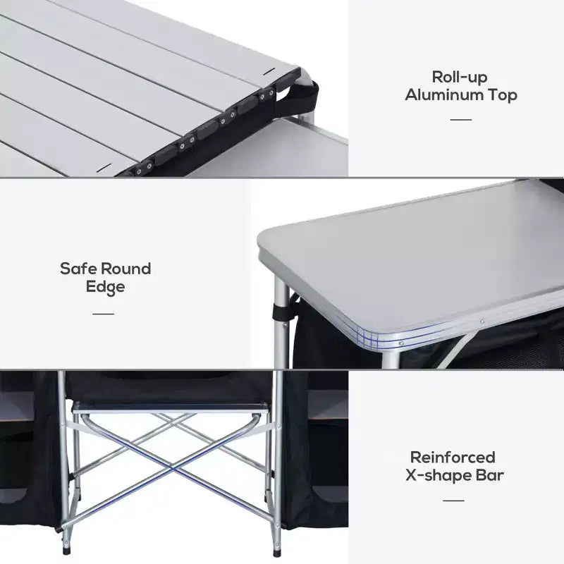 Table de cuisine de camping, table de cuisson extérieure portable en aluminium, station de cuisson pliable avec pare-vent et 3 placards fermés pour barbecue, fête, pique-niques