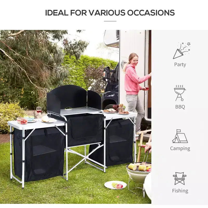 Table de cuisine de camping, table de cuisson extérieure portable en aluminium, station de cuisson pliable avec pare-vent et 3 placards fermés pour barbecue, fête, pique-niques