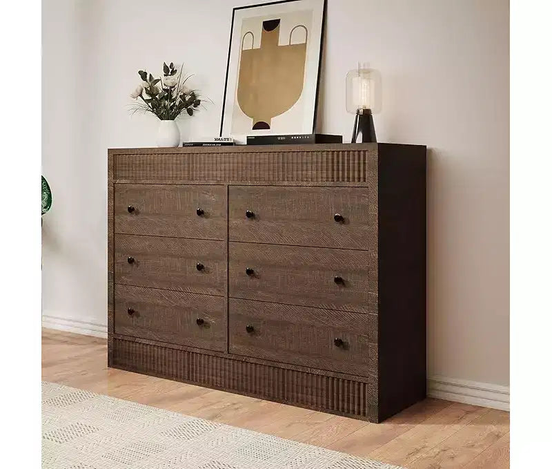 Commode à 6 tiroirs pour chambre à coucher, commode en bois de 120 cm de large, meuble de rangement cannelé pour salon, couloir, entrée