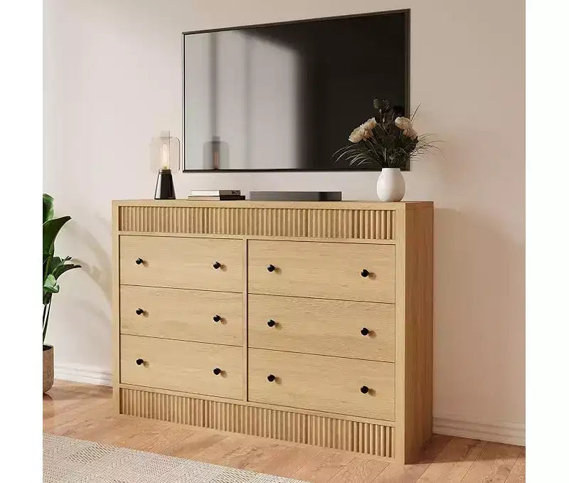 Commode à 6 tiroirs pour chambre à coucher, commode en bois de 120 cm de large, meuble de rangement cannelé pour salon, couloir, entrée
