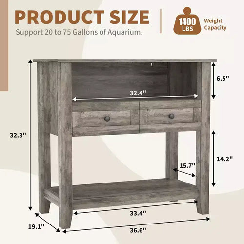 Meuble pour aquarium de 75-110 litres, Support en bois pour aquarium avec 2 tiroirs, Console d'entrée, Grand support pour terrarium de reptiles et tortues