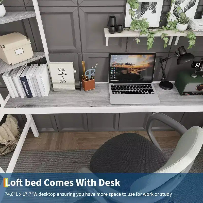 Lit mezzanine une place avec bureau et étagères de rangement, lit en métal robuste avec lattes en acier et échelle pour enfants et adultes, barrière de sécurité, gain de place