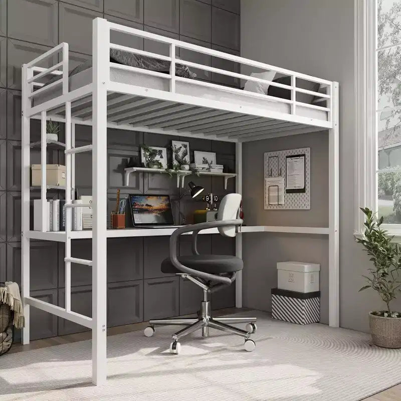 Lit mezzanine une place avec bureau et étagères de rangement, lit en métal robuste avec lattes en acier et échelle pour enfants et adultes, barrière de sécurité, gain de place