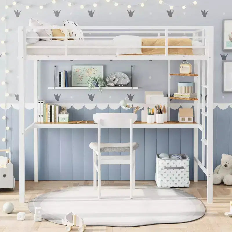 Lit mezzanine une place avec bureau et étagères de rangement, lit en métal robuste avec lattes en acier et échelle pour enfants et adultes, barrière de sécurité, gain de place