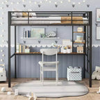 Lit mezzanine une place avec bureau et étagères de rangement, lit en métal robuste avec lattes en acier et échelle pour enfants et adultes, barrière de sécurité, gain de place