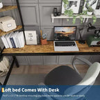 Lit mezzanine une place avec bureau et étagères de rangement, lit en métal robuste avec lattes en acier et échelle pour enfants et adultes, barrière de sécurité, gain de place
