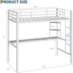 Lit mezzanine une place avec bureau et étagères de rangement, lit en métal robuste avec lattes en acier et échelle pour enfants et adultes, barrière de sécurité, gain de place